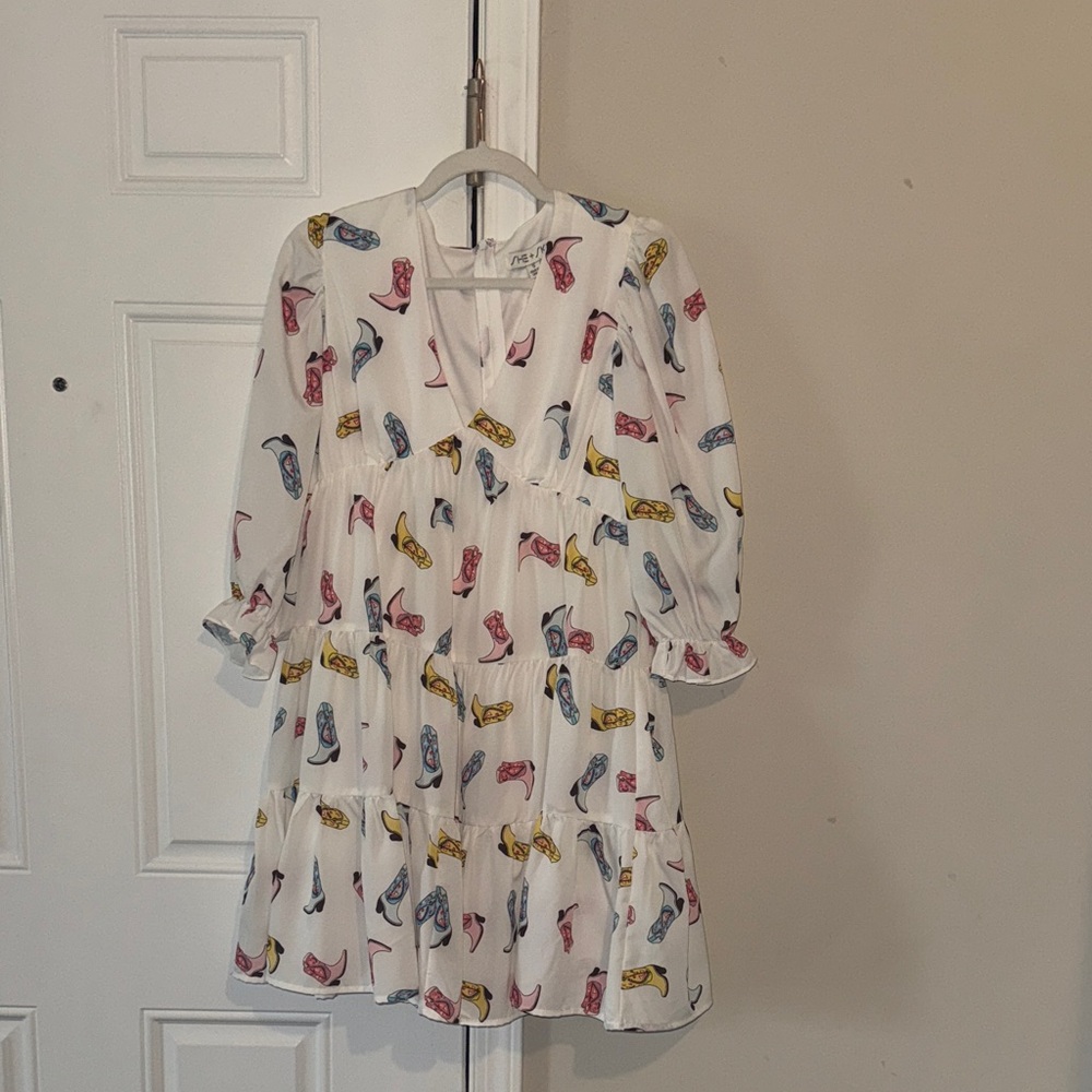 White Dress with Colorful boot Print